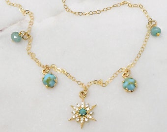 Turquoise necklace, 14K Gold Filled chain, turquoise starburst, cubic zirconia diamonds, Aqua Chalcedony wire wrapped beads