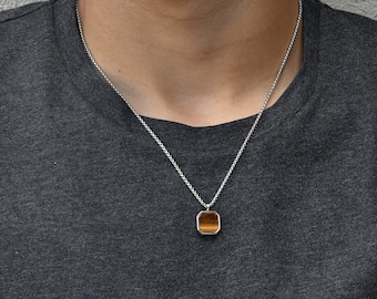 Men Tiger Eye necklace, stainless steel, waterproof, non tarnish, men's silver jewellery, box chain, unisex, gift for him, boyfriend,husband