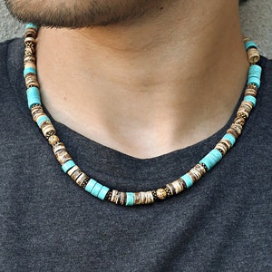 Türkis & Kokosnuss Perlen Halskette, Natur Perlen Boho Halskette, Surfer Herren Schmuck, Geschenk für ihn, Freund Geschenk, Mann Geschenk, Mann