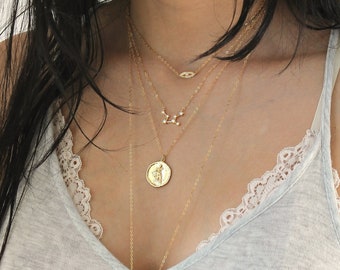 Gold Zodiac Necklace, coin, 14k gold filled chain, Aquarius Pisces Aries taurus Gemini Cancer Leo Virgo Libra scorpio sagittarius Capricorn
