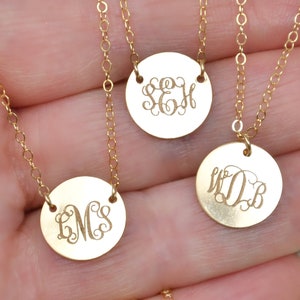 Monogram Necklace, 14k gold filled, triple monogram name necklace, initial letter, engraved round disc, family necklace, Mother&#39;s Day Gift
