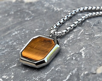 Men Tiger Eye necklace, stainless steel, waterproof, non tarnish, men's silver jewellery, box chain, unisex, gift for him, boyfriend,husband Men Tiger Eye necklace, stainless steel, waterproof, non tarnish, men's silver jewellery, box chain, unisex, gift for him, boyfriend,husband