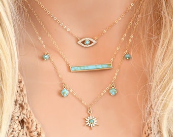 LAYERED SET of 3 Turquoise necklaces, 14K Gold Filled chains, evil eye, bar, starburst, cubic zirconia diamonds, angel eye, multi strand