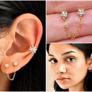 Connected star earrings, tiny gold cubic zirconia star studs, cz diamonds, celestial double-piercings set two stars, 14k gold filled chain