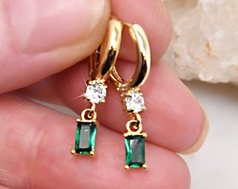 Emerald green Gold Hoop earrings, Cubic zirconia stones, emerald cut stone dangles, dainty huggies, Holiday jewelry, Christmas gift for her