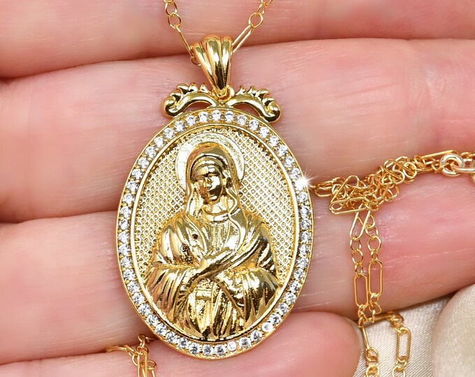 Virgin Mary Necklace, 14K Gold Filled Chain, Cubic Zirconia Diamonds ...