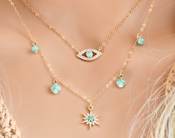 LAYERED SET of Turquoise necklaces, 14K Gold Filled chains, turquoise starburst & evil eye necklace, cubic zirconia diamonds, angel eye