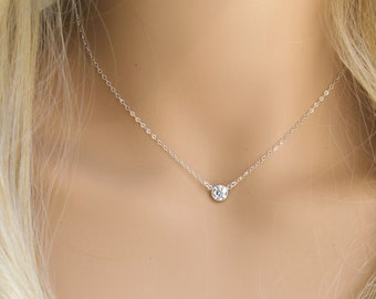 Solitaire Cubic zirconia diamond necklace, 925 sterling silver or 14k gold filled, cz diamond, layering necklace, minimal
