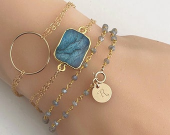 Personalized Labradorite wrap bracelet, 14k Gold filled initial disc, genuine gemstone beads, beaded rosary chain, custom stamped circle