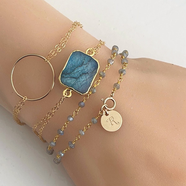 Personalized Labradorite wrap bracelet, 14k Gold filled initial disc, genuine gemstone beads, beaded rosary chain, custom stamped circle