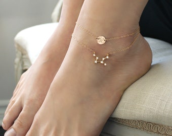 Constellation ANKLET, initial disc, layered ankle bracelet, 14k gold filled chain,Cubic zirconia diamonds, cz Celestial Zodiac ,personalized