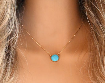 Turquoise necklace, 14K Gold Filled chain, genuine turquoise stone pendant, layering, faceted Gemstone, something blue, gift for her