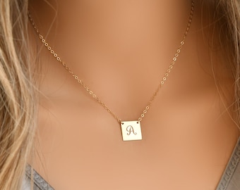 Square pendant 14k gold filled initial necklace, personalized Necklace, Monogram necklace, letter, custom engraved tag, Bridesmaids gift