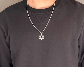 Star of David Men necklace, stainless steel Magen David, non tarnish, waterproof, men's silver tone jewellery, unisex, gift for him