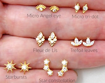New! Gold studs earrings: Tiny Angel eye, Micro Tri-dot, leaves, starburst, star constellation, evil eye, cubic zirconia, multiple piercing