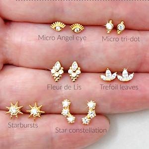 New! Gold studs earrings: Tiny Angel eye, Micro Tri-dot, leaves, starburst, star constellation, evil eye, cubic zirconia, multiple piercing