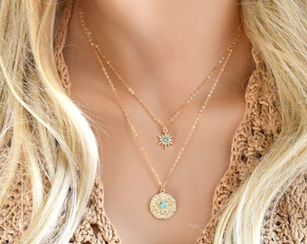 LAYERED SET of Turquoise necklaces, 14K Gold Filled chains, turquoise starburst & evil eye coin necklace, cubic zirconia diamonds, angel eye