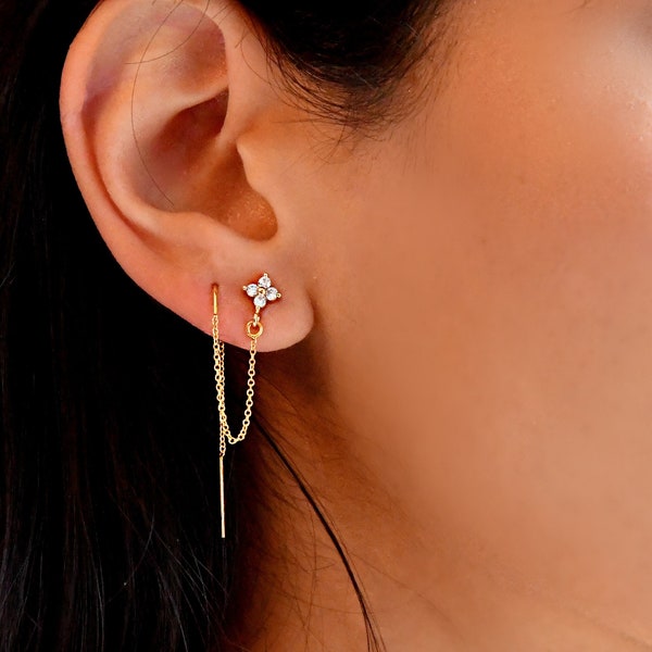 Boucle d’oreille filetée reliée à un clous de fleurs, fileuse remplie d’or 14 carats, diamants cubiques en zircone, double piercings, ensemble de deux boucles d’oreilles liées