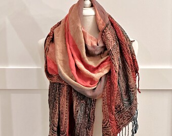 Bufanda tejida vintage, naranja quemado, beige, gris, rojo óxido, chal completo rectangular de rayas largas con flecos, envoltura de otoño, moda de otoño