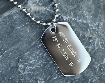 Personalized engraved dog tag Coordinates necklace for men, stainless steel, non tarnish waterproof silver men's jewellery, gift for him