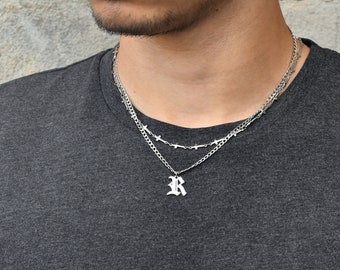 Men initial necklace, stainless steel, waterproof, personalized silver tone letter, men's jewellery, unisex, gift for him, minimal man chain