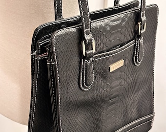 Vintage black purse, faux crocodile leather, Liz Claiborne chic shoulder bag, square structured design, elegant handbag, fashion accessory