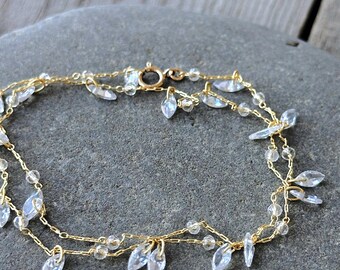 Crystal zircon wrap bracelet, wire wrapped beads, beaded rosary chain, bridal jewelry, wedding bracelet