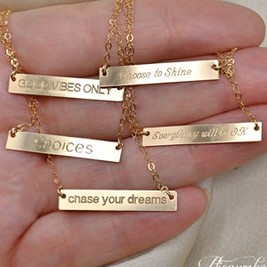 Collar de barra rellena de oro de 14k, barra horizontal grabada, citas inspiradoras, amor propio, afirmaciones positivas, regalo significativo, edificante