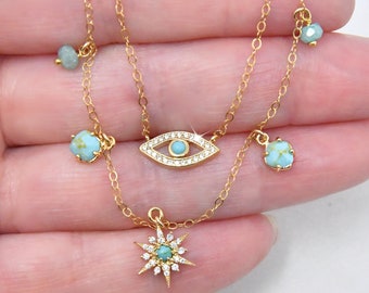 LAYERED SET of Turquoise necklaces, 14K Gold Filled chains, turquoise starburst & evil eye necklace, cubic zirconia diamonds, angel eye