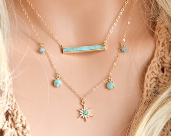 LAYERED SET of Turquoise necklaces, 14K Gold Filled chains, turquoise starburst & bar necklace, cubic zirconia diamonds, horizontal bar