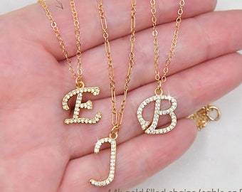 Personalized initial necklace, Pavé cubic zirconia script letter, 14k gold filled chain, custom Christmas gift for her, Bridesmaids Gift