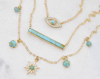 LAYERED SET of 3 Turquoise necklaces, 14K Gold Filled chains, evil eye, bar, starburst, cubic zirconia diamonds, angel eye, multi strand