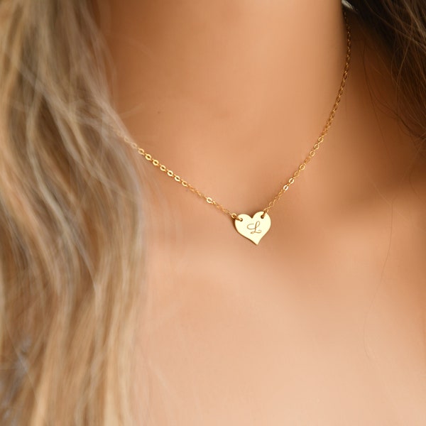 14k gold filled heart necklace, personalized Initial Necklace, Monogram letter custom engraved heart tag, customized, love, Bridesmaids gift