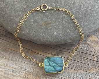 Labradorite stone bracelet, 14k Gold filled double chain bracelet, 24k gold Electroplated Edge gemstone, brilliant flashes of Blue & green