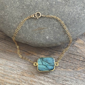 Labradorite stone bracelet, 14k Gold filled double chain bracelet, 24k gold Electroplated Edge gemstone, brilliant flashes of Blue & green