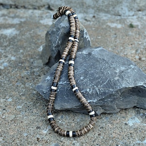 Coconut wooden bead necklace, natural beaded boho necklace, surfer men&#39;s jewellery, gift for him, boyfriend gift, husband gift, man