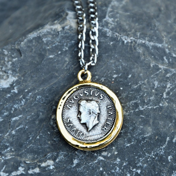 Men Coin necklace, gold & silver Plated Roman Augustus Pendant, stainless steel chain, men's jewellery, unisex, gift for him, boyfriend