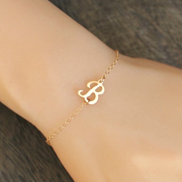 Personalized initial bracelet, Script letter bracelet, 14k gold filled, sideways Monogram,customized custom, A B C D E F H J K L M N P R S Y