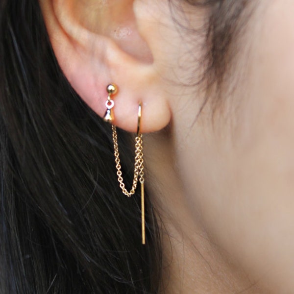 Threader earrings, 14k gold filled double piercings set, Threaded thread, stud dangle drop, hooks, combo set of two connected earrings