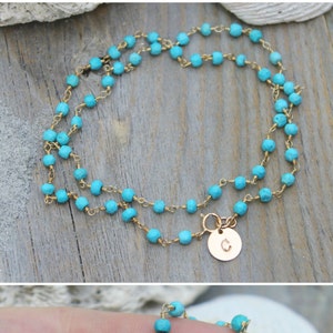 Turquoise bead wrap ANKLET, Layered Boho Chic ankle bracelet Personalized custom stamped initial disc circle, 14kt Gold filled,beach summer image 3