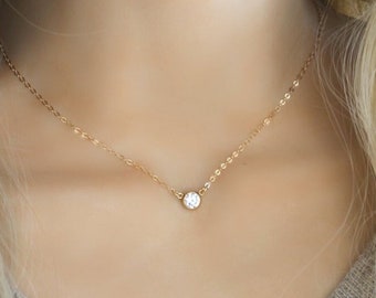 Cubic zirconia solitaire diamond necklace, 925 sterling silver or 14k gold filled, cz diamond, layering necklace, minimal