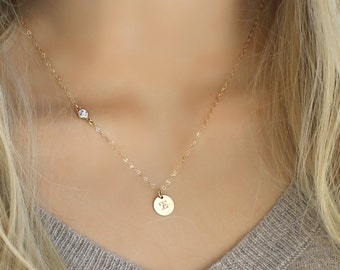 Initial necklace, cubic zirconia & Initial disc, 14Kt Gold Filled personalized custom stamped tag Monogram Letter engraved circle