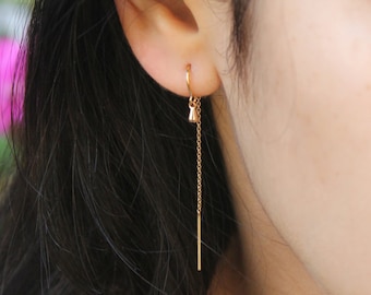 14k gold filled Threader earrings, threaded thread with tiny drop, pair dangle drop earrings, simple modern everyday jewelry
