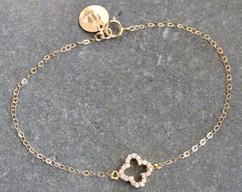 Personalized 14k gold filled bracelet, cubic zirconia four-leaf clover, Shamrock, custom stamped initial disc tag, 4-leaf,letter,CZ diamonds