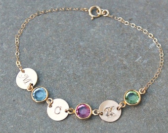 Personalized 14k gold filled initial bracelet, monogram, custom Stamped discs, Swarovski Birthstones, mother, grandmother, family bracelet