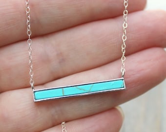 Turquoise bar silver necklace, Boho chic 925 sterling silver layering Gemstone necklace, beach wedding, summer,blue bohemian bar necklace