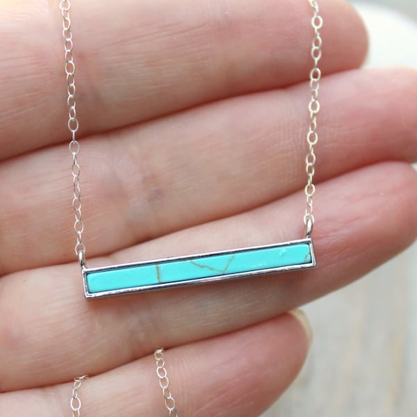 Turquoise bar silver necklace, Boho chic 925 sterling silver layering Gemstone necklace, beach wedding, summer,blue bohemian bar necklace