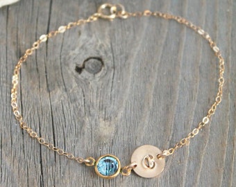 Personalized 14k gold filled bracelet with custom stamped initial disc & Swarovski Birthstone, monogram, letter, Bridesmaids Gift,