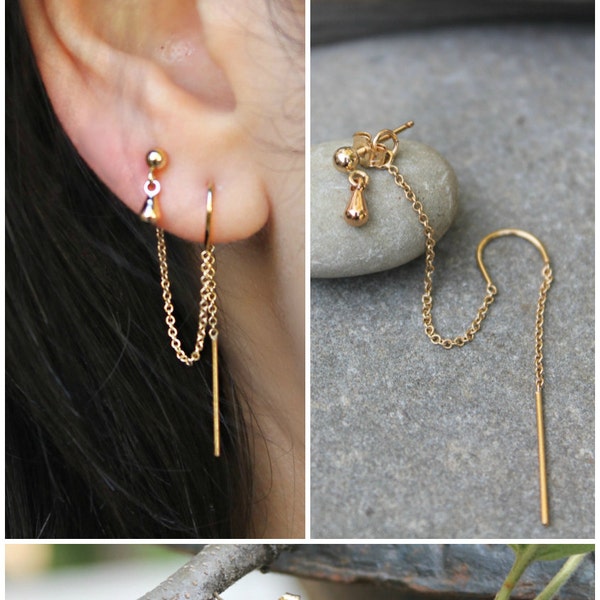 Threader earrings, 14k gold filled threaded thread, stud dangle drop, hooks, double combo, 2 piercings, set of two connected earrings