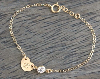 Child bracelet, Little girl bracelet, 14k gold filled tiny stamped initial heart tag & cubic zirconia diamond, personalized monogram, letter